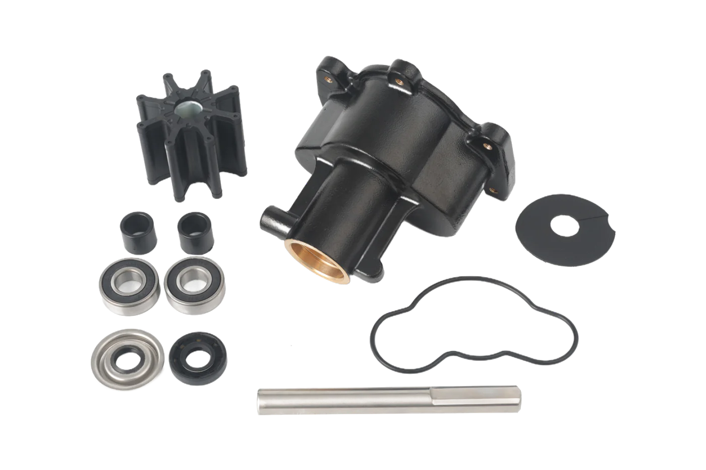Marine pump service components including shaft, bearings, seals, and gasket